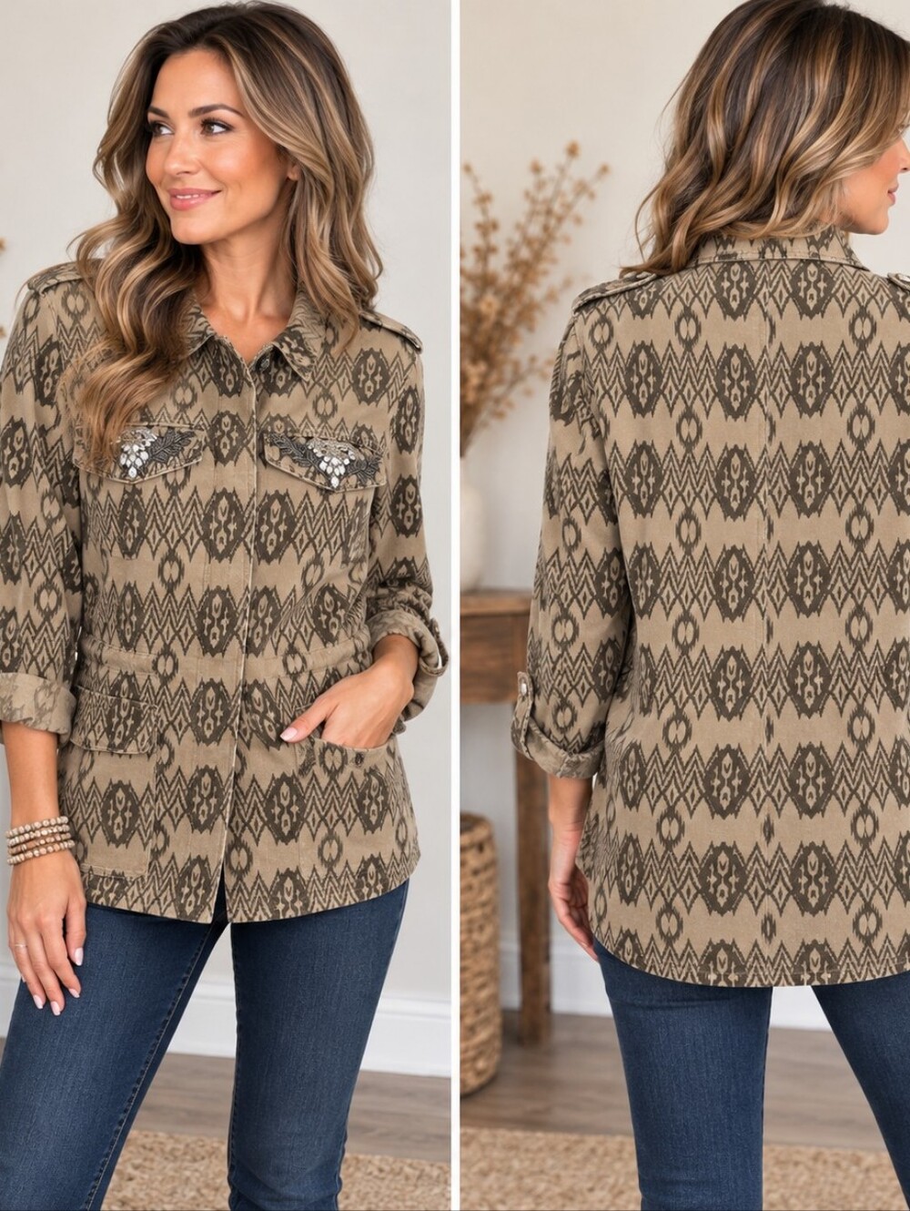 Potter's Pot vintage tribal brown jacket Rhinestone Embellished pockets sz large
